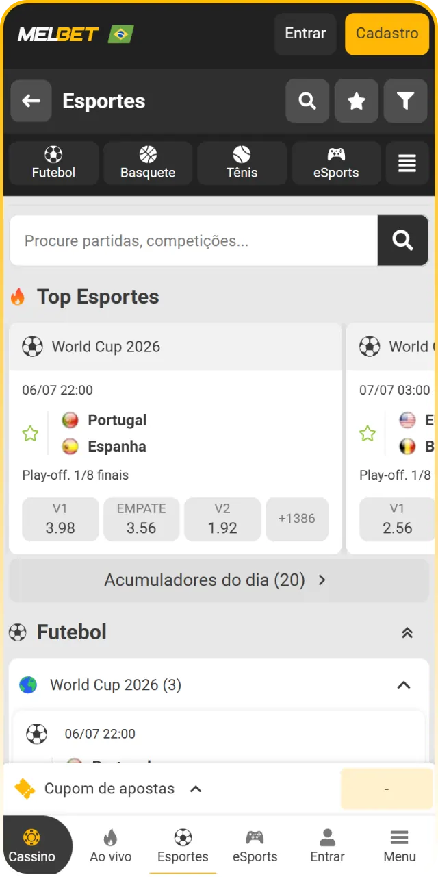 Interface da seção de apostas esportivas no aplicativo Melbet oficial.