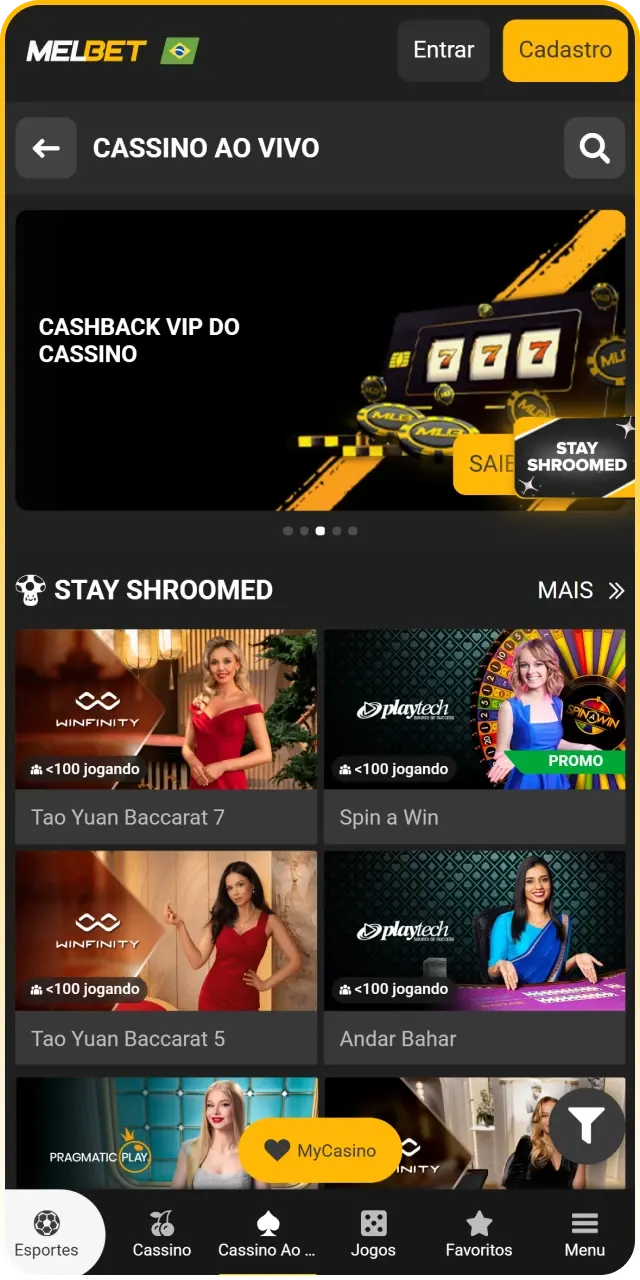 Confira todos os jogos de cassino ao vivo no site oficial da Melbet.