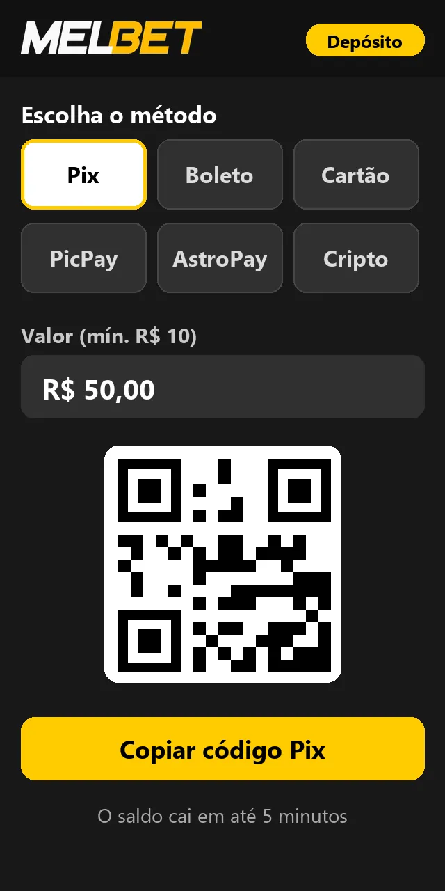 Depósito via Pix na Melbet em reais.